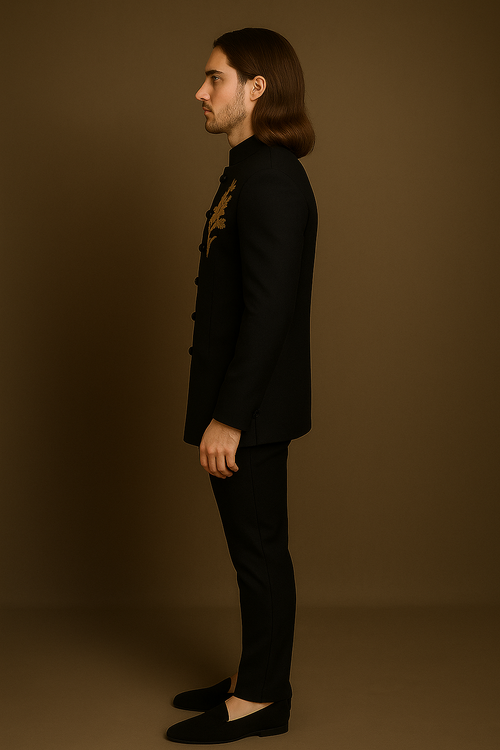 Black Jodhpuri Bandhgala Suit with Gold Parrot & Floral Embroidery | P&H BY PRIYANSHU