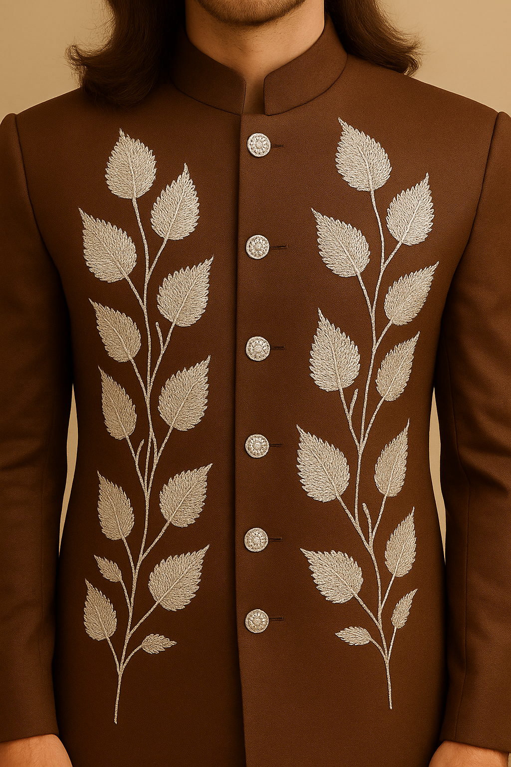 Brown traditional jacket with white leaf patterns and buttons on a beige background
