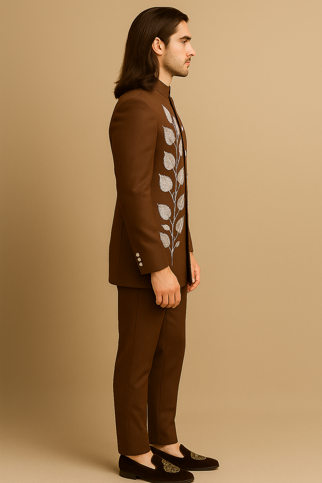 Brown Jodhpuri Bandhgala Suit with White Leaf Hand Embroidery | P&H BY PRIYANSHU
