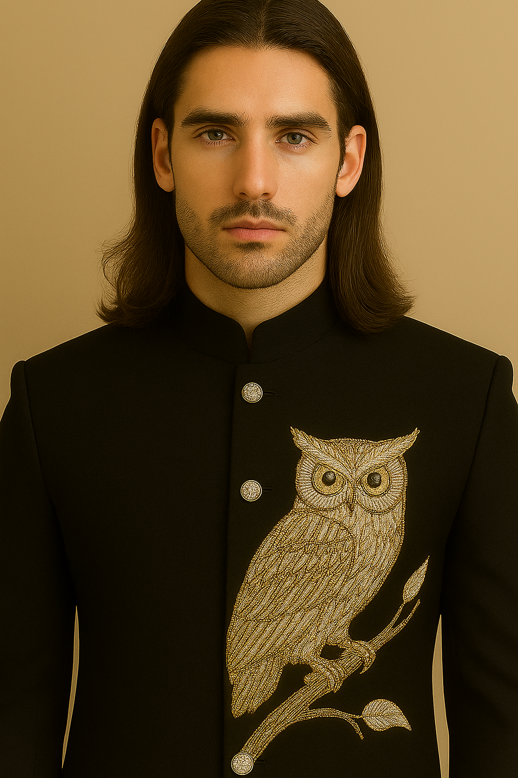 Man wearing a black jacket with an embroidered owl design on a beige background