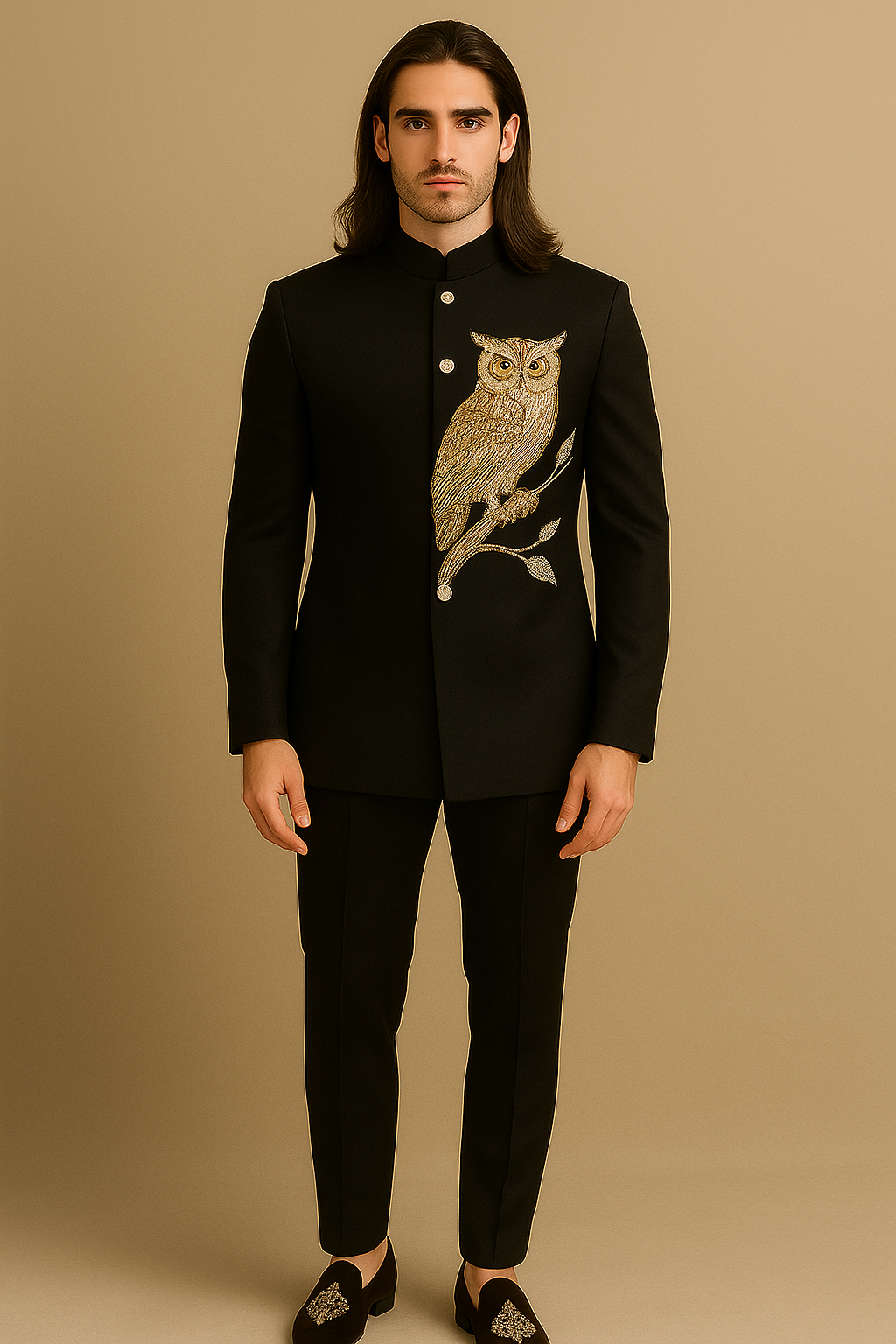 Black Jodhpuri Bandhgala Suit with Embroidered Owl Design | P&H BY PRIYANSHU