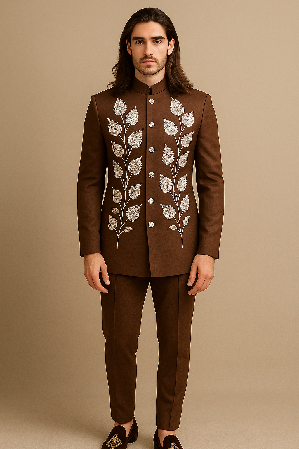 Brown Jodhpuri Bandhgala Suit with White Leaf Hand Embroidery | P&H BY PRIYANSHU