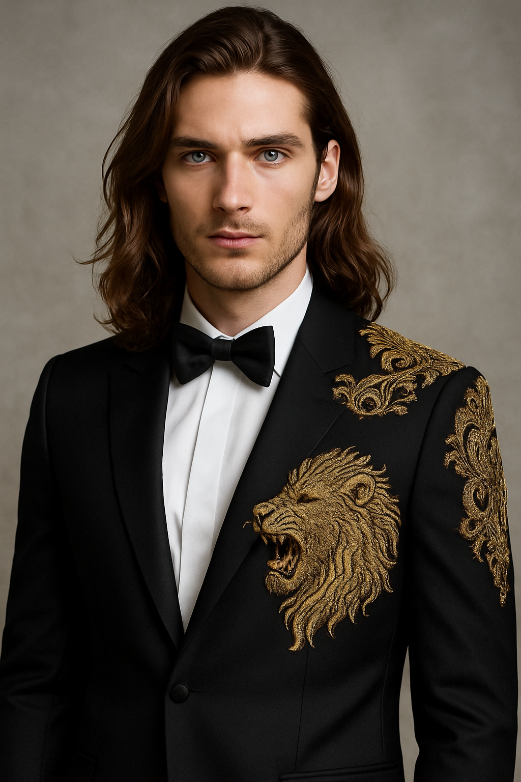 Black Luxury Tuxedo with Gold Lion Hand Embroidery | P&H BY PRIYANSHU