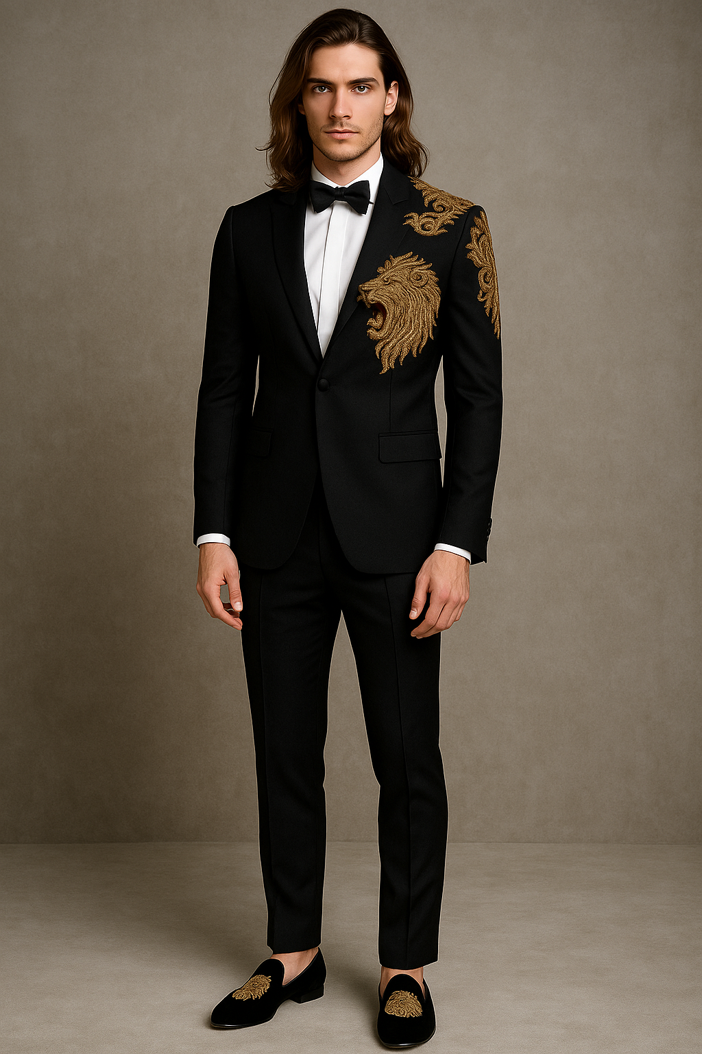 Black Luxury Tuxedo with Gold Lion Hand Embroidery | P&H BY PRIYANSHU