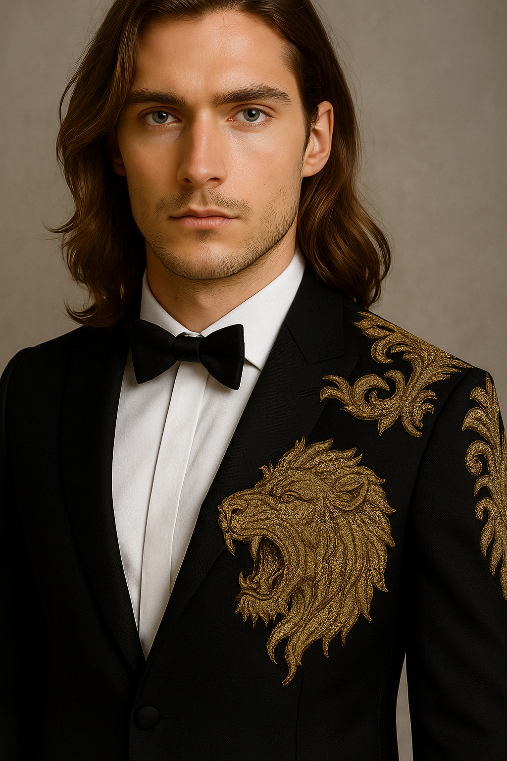 Man wearing a black tuxedo with gold lion embroidery on a plain background