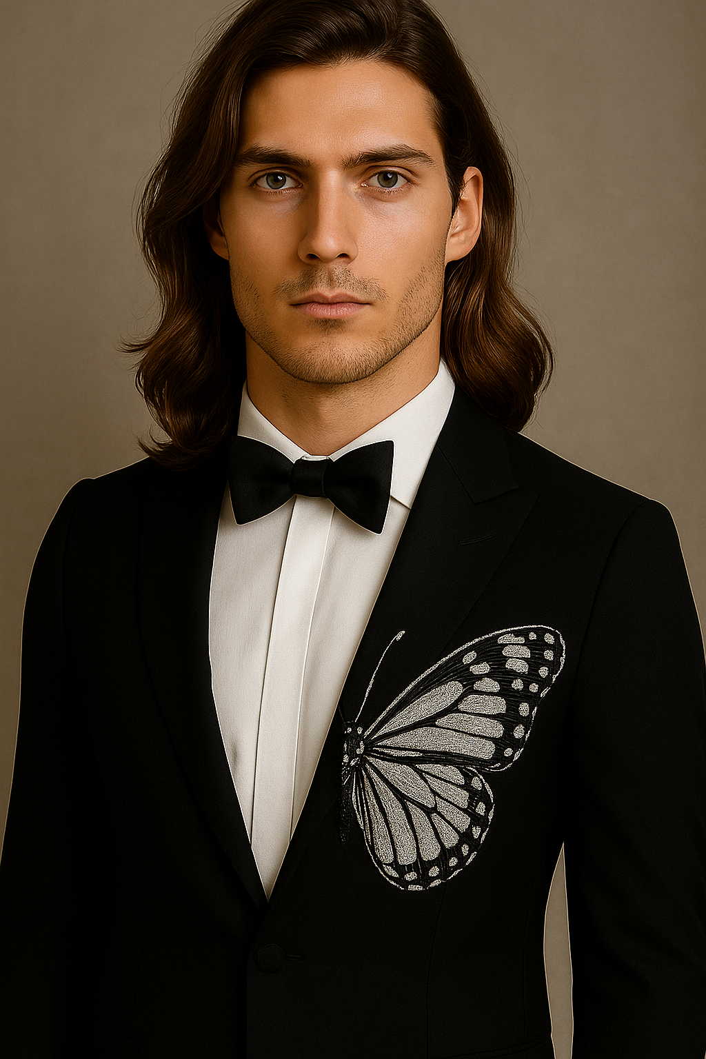 Man wearing a black tuxedo with a butterfly design on a brown background