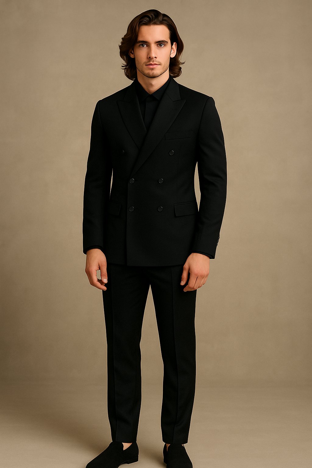 Man wearing a black suit against a beige background