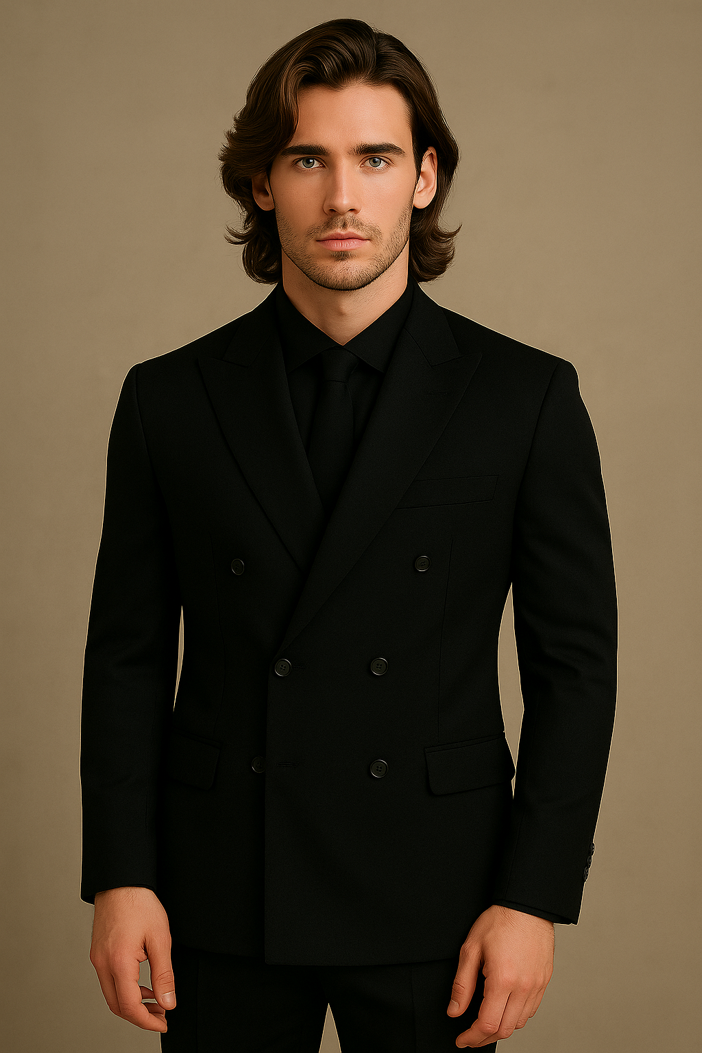 Man wearing a black double-breasted suit jacket against a beige background