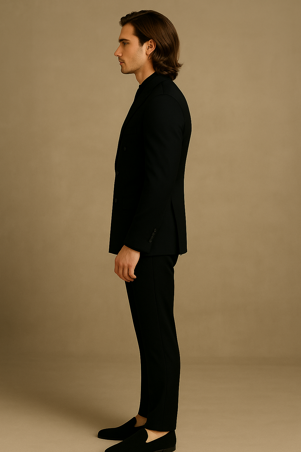 Man wearing a black suit standing against a beige background