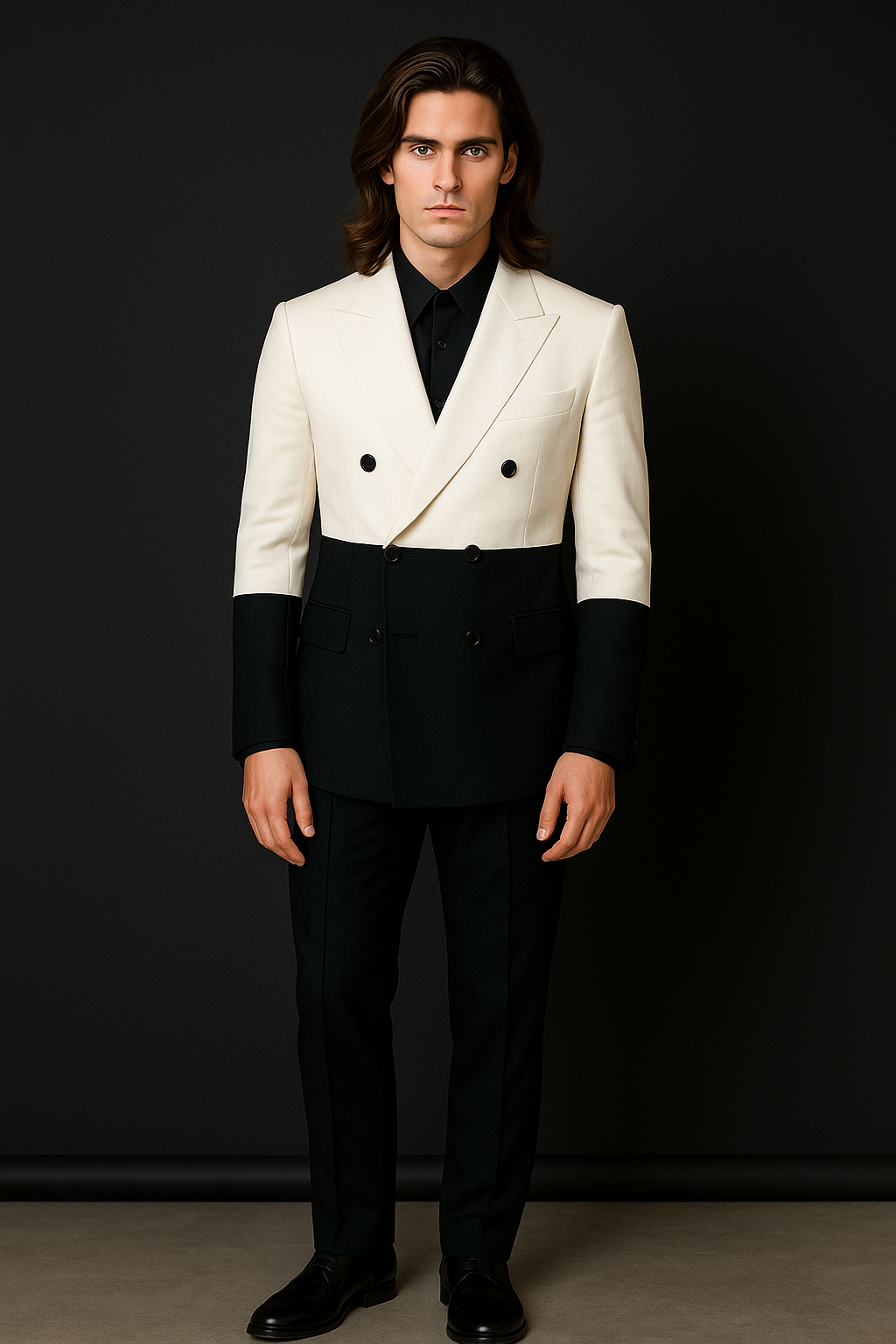 Man wearing a white double-breasted jacket with black pants against a black background