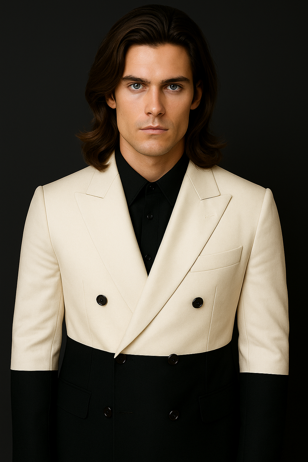 Man wearing a cream double-breasted jacket over a black shirt on a black background
