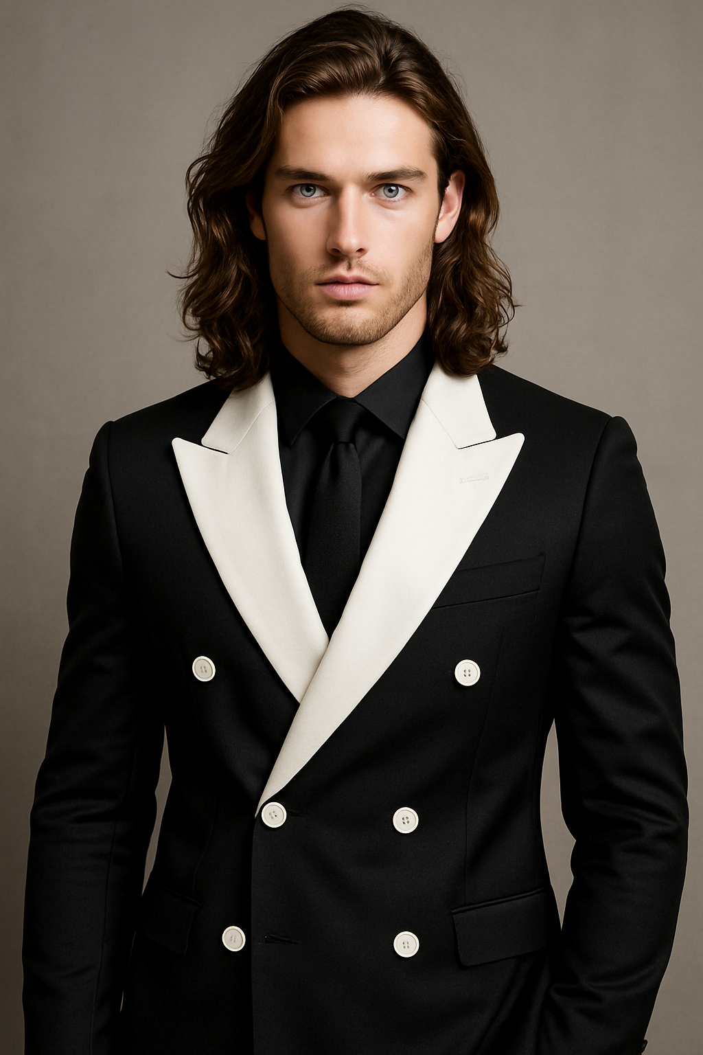 Luxury Black Double-Breasted Suit with Contrast White Lapel & White Buttons – Imported Fabric | P&H by Priyanshu