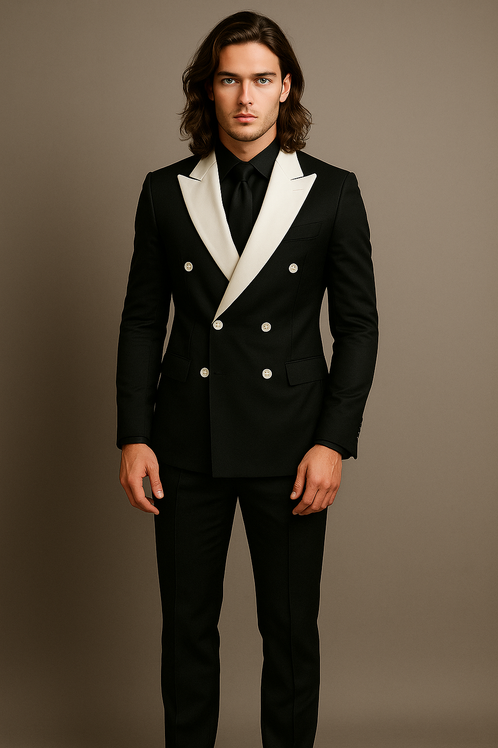 Luxury Black Double-Breasted Suit with Contrast White Lapel & White Buttons – Imported Fabric | P&H by Priyanshu