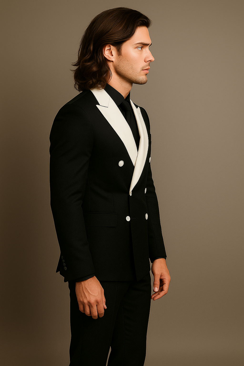 Luxury Black Double-Breasted Suit with Contrast White Lapel & White Buttons – Imported Fabric | P&H by Priyanshu