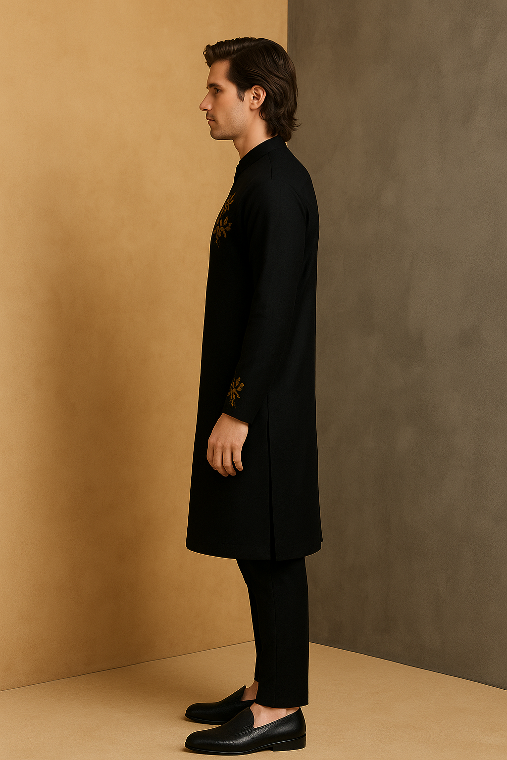 Black Kurta with Gold Hand Embroidery | P&H BY PRIYANSHU