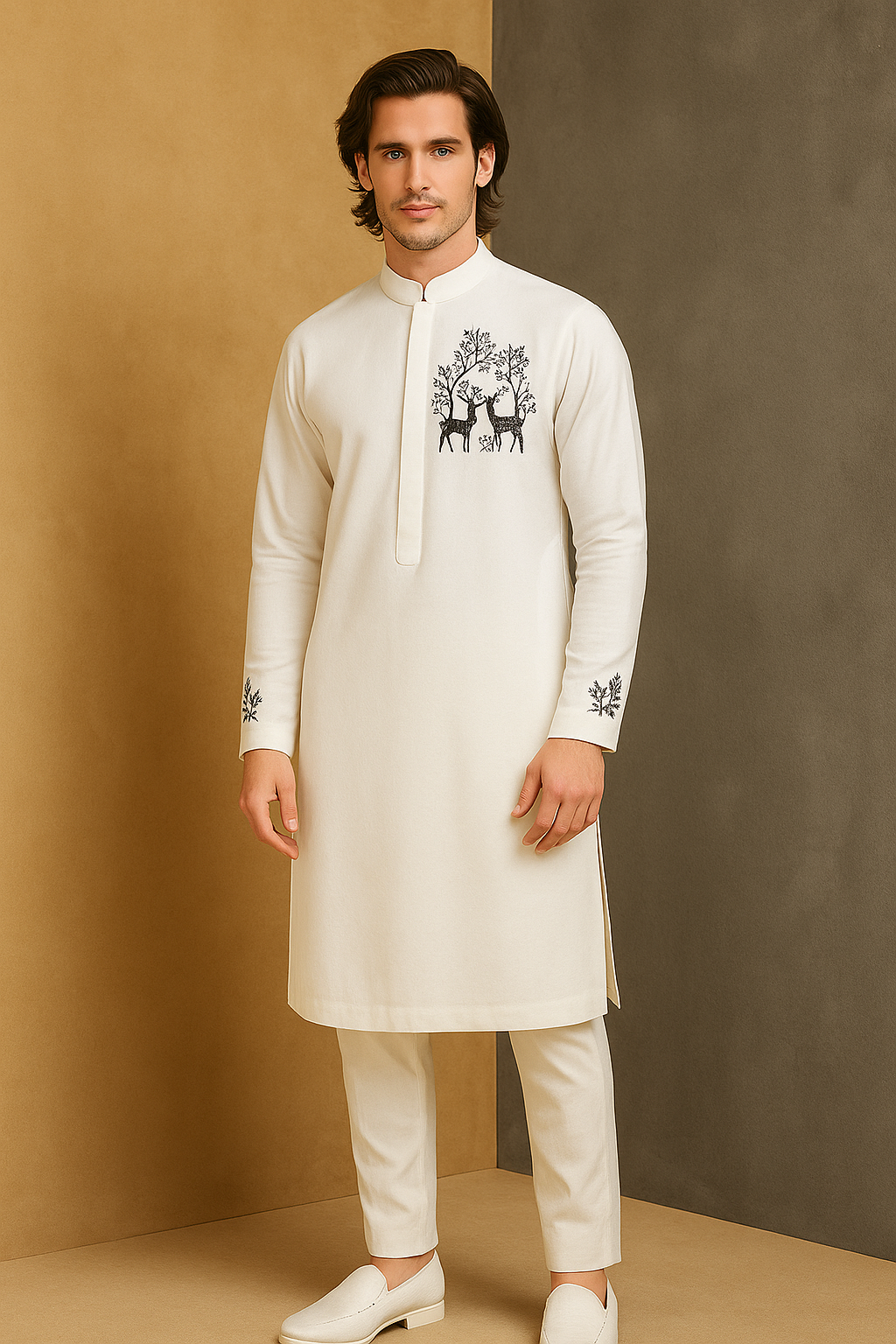 White Hand-Embroidered Kurta for Men | P&H BY PRIYANSHU