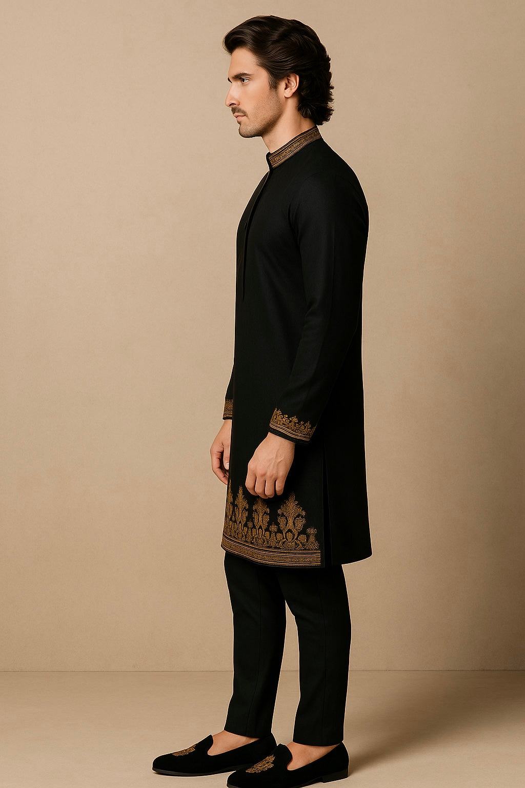 Black Kurta with Handcrafted Gold Embroidery | P&H BY PRIYANSHU