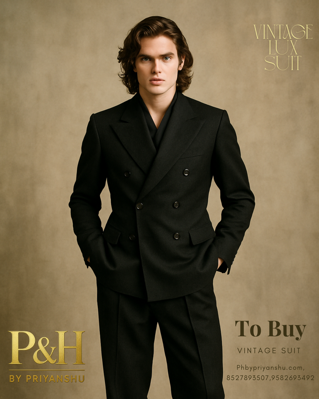 Man wearing a black suit against a beige background with 'P&H by Priyanshu' branding.