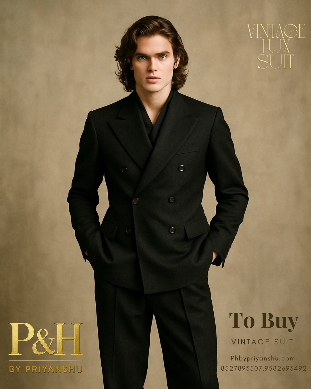 Man wearing a black suit against a beige background with 'P&H by Priyanshu' branding.