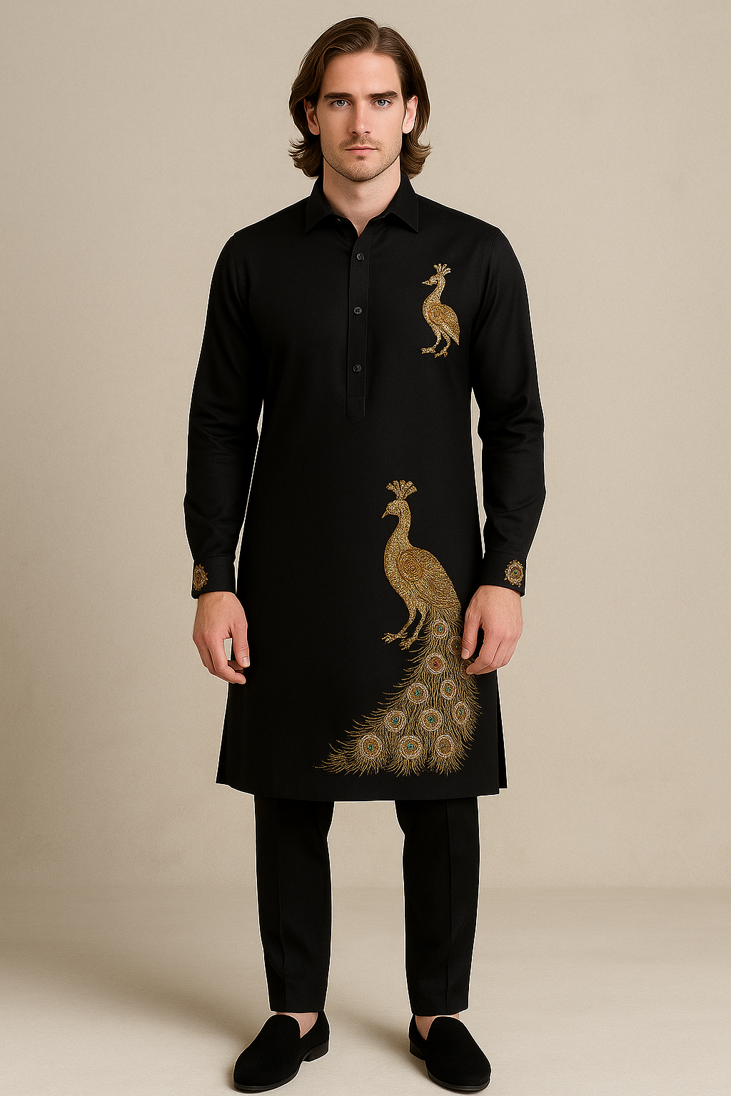 Man wearing a black kurta with peacock embroidery on a beige background