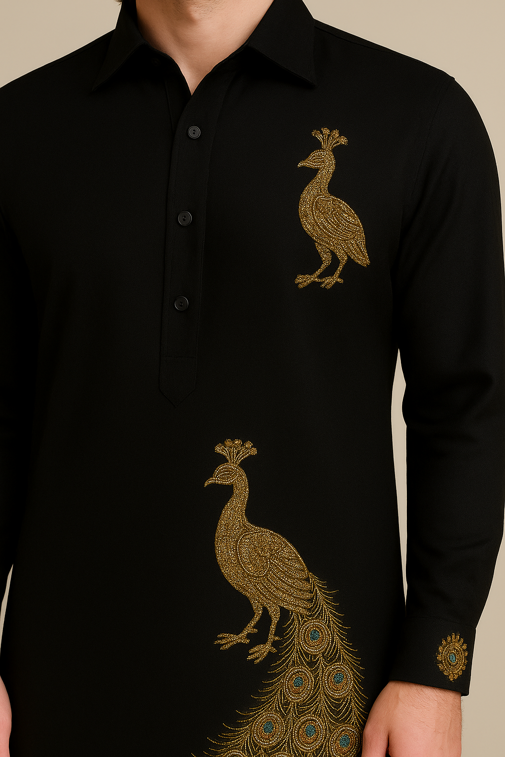 Black Kurta with Peacock Hand Embroidery | P&H BY PRIYANSHU