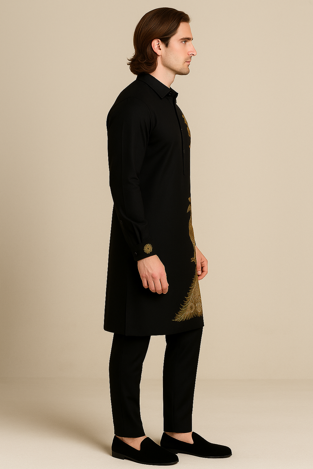 Black Kurta with Peacock Hand Embroidery | P&H BY PRIYANSHU
