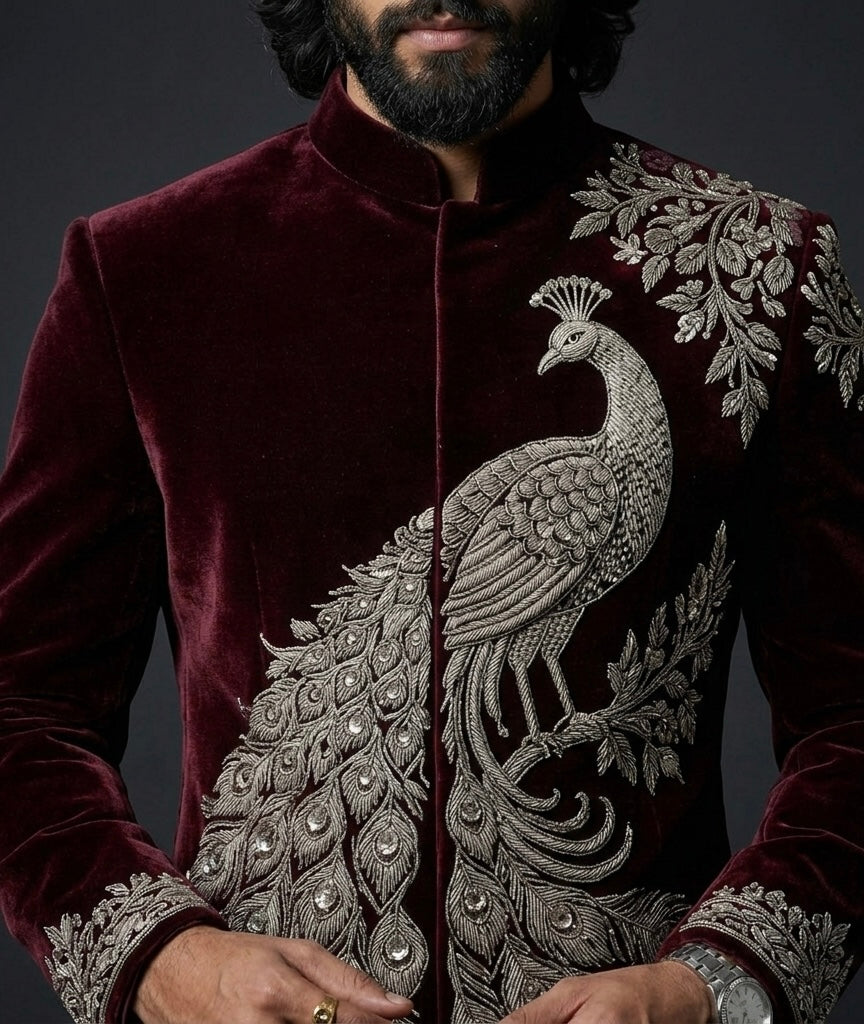 Man wearing a maroon velvet jacket with intricate silver peacock embroidery on a dark background