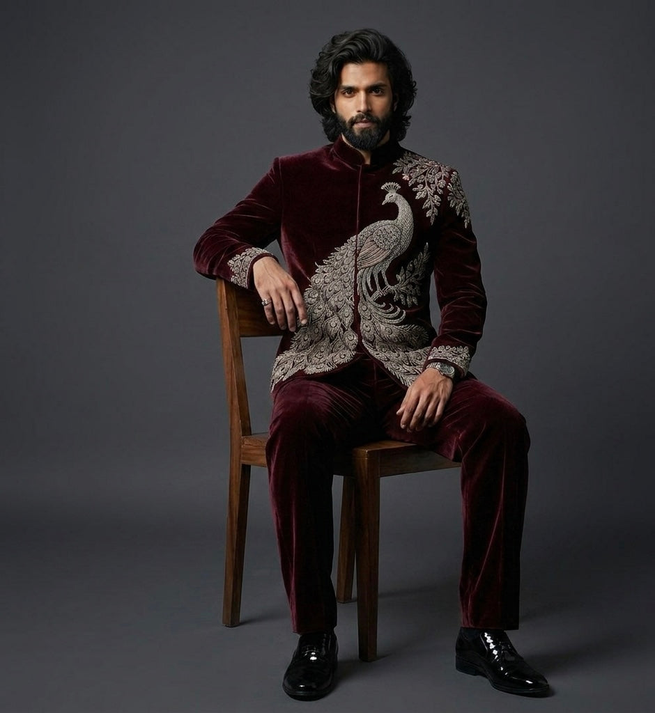 Luxury Maroon Velvet Peacock Embroidered Jodhpuri Suit for Men