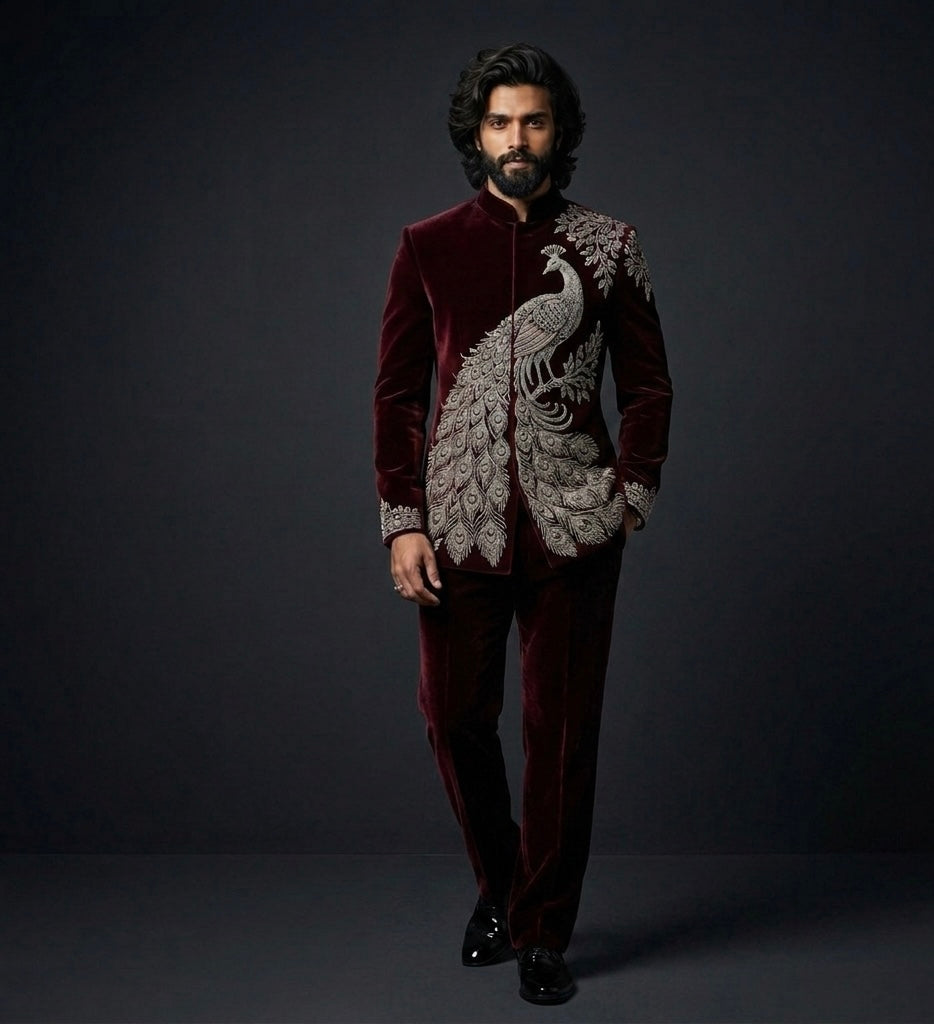 Luxury Maroon Velvet Peacock Embroidered Jodhpuri Suit for Men