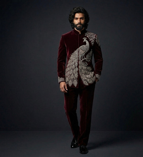 Luxury Maroon Velvet Peacock Embroidered Jodhpuri Suit for Men