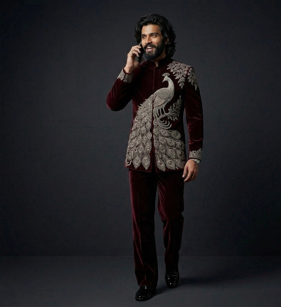 Luxury Maroon Velvet Peacock Embroidered Jodhpuri Suit for Men
