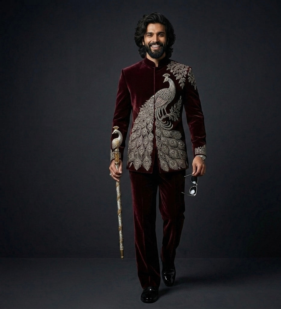 Luxury Maroon Velvet Peacock Embroidered Jodhpuri Suit for Men