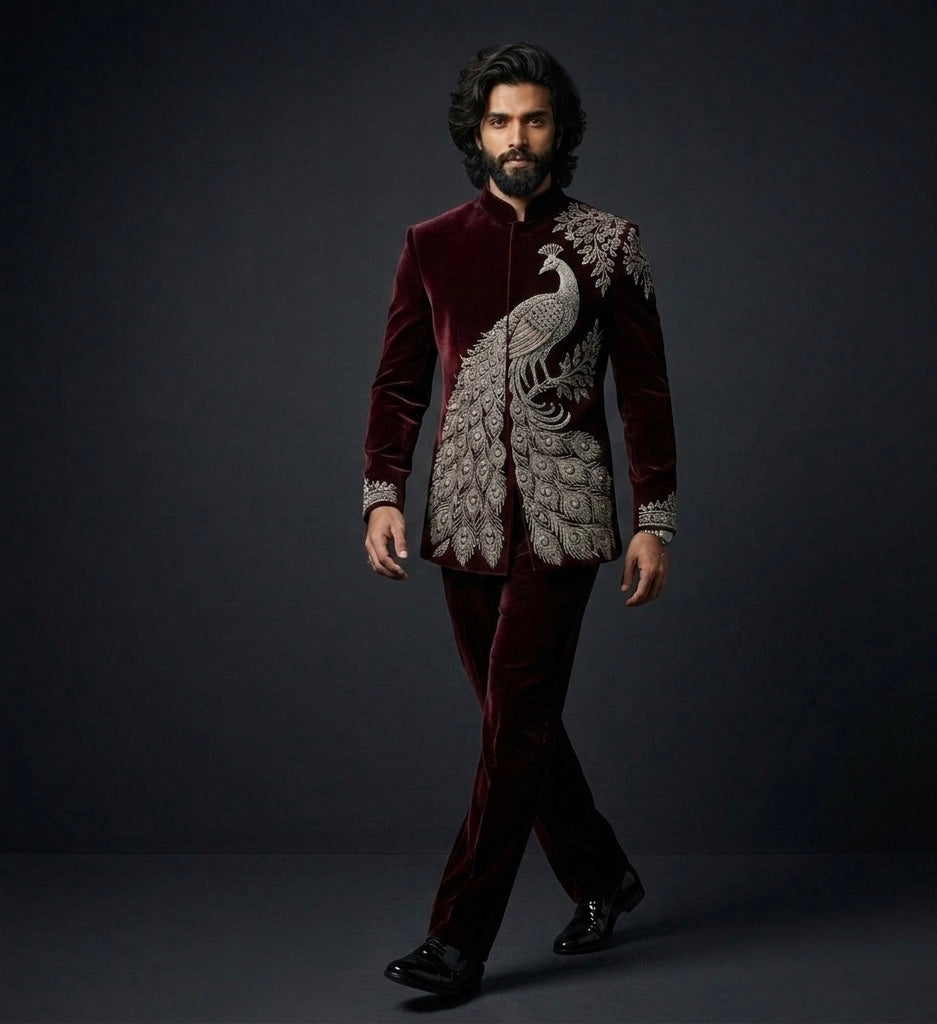 Luxury Maroon Velvet Peacock Embroidered Jodhpuri Suit for Men