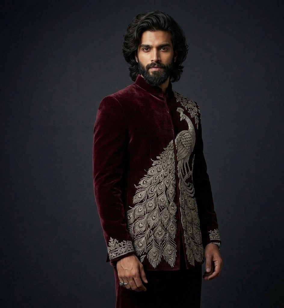 Luxury Maroon Velvet Peacock Embroidered Jodhpuri Suit for Men
