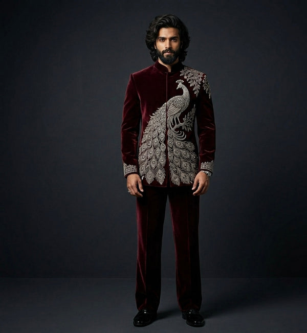Man wearing a dark red velvet suit with intricate peacock embroidery on a black background