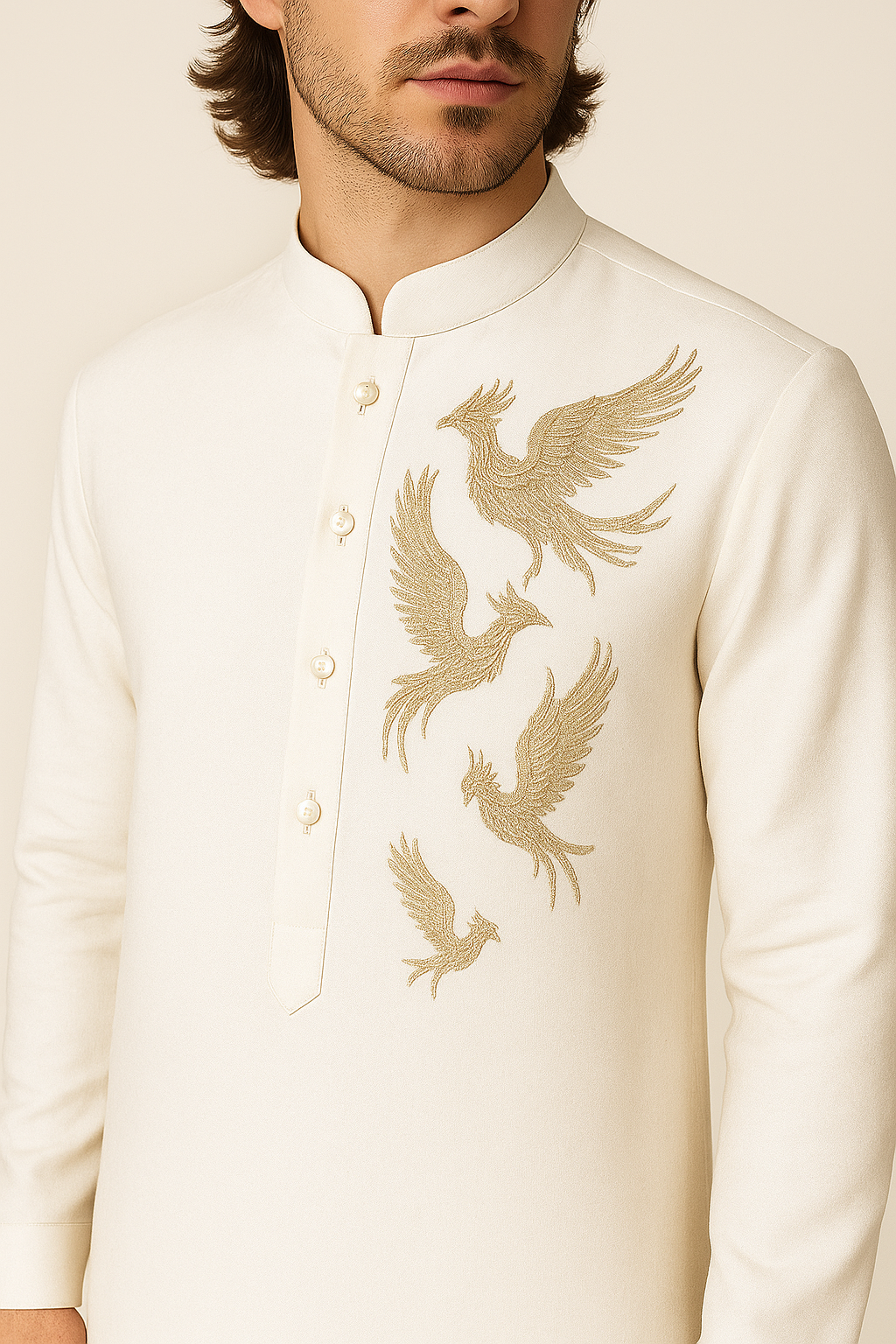 White Kurta Set with Golden Hand Embroidery | P&H BY PRIYANSHU