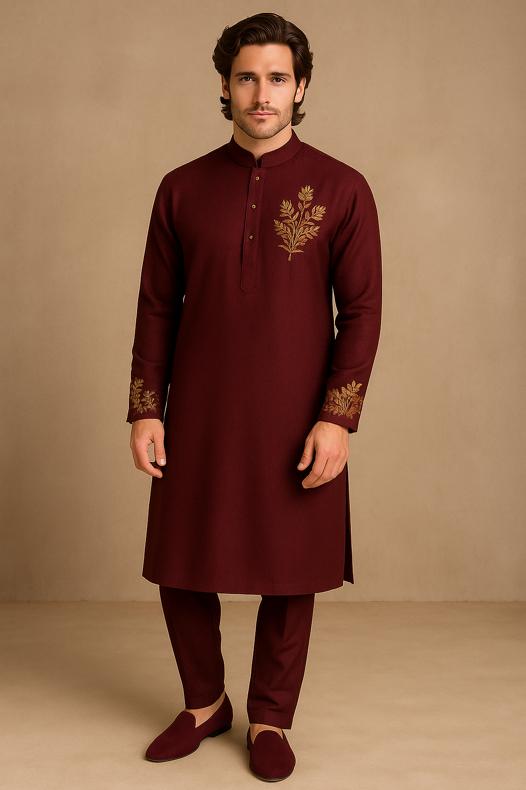 Man wearing a maroon kurta with gold embroidery against a beige background