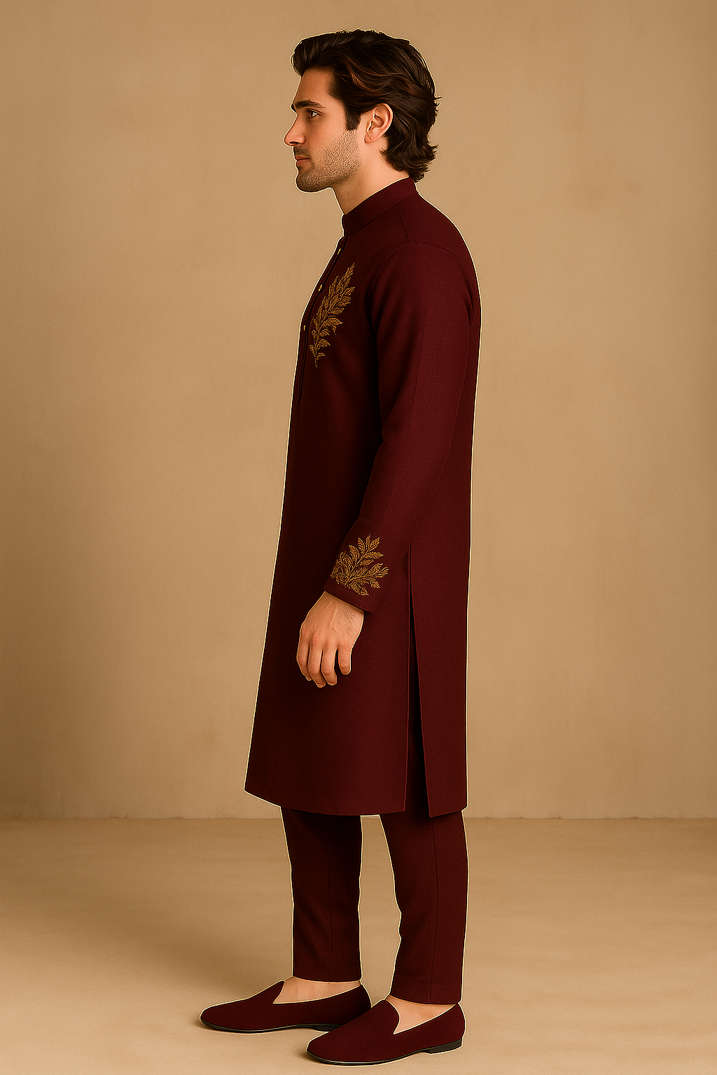 Maroon Kurta with Exquisite Gold Embroidery | P&H BY PRIYANSHU