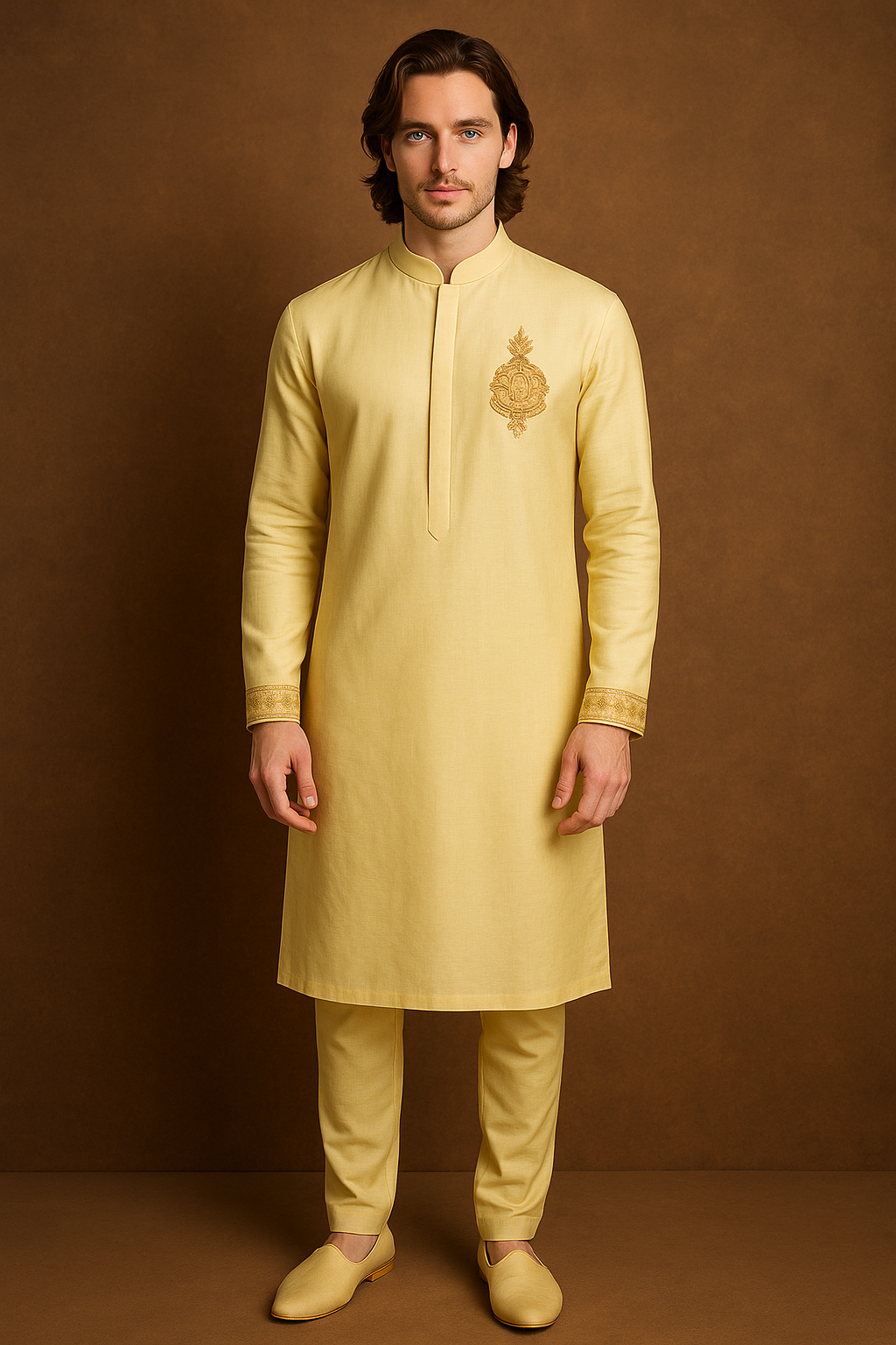 Man wearing a yellow kurta with embroidery on a brown background