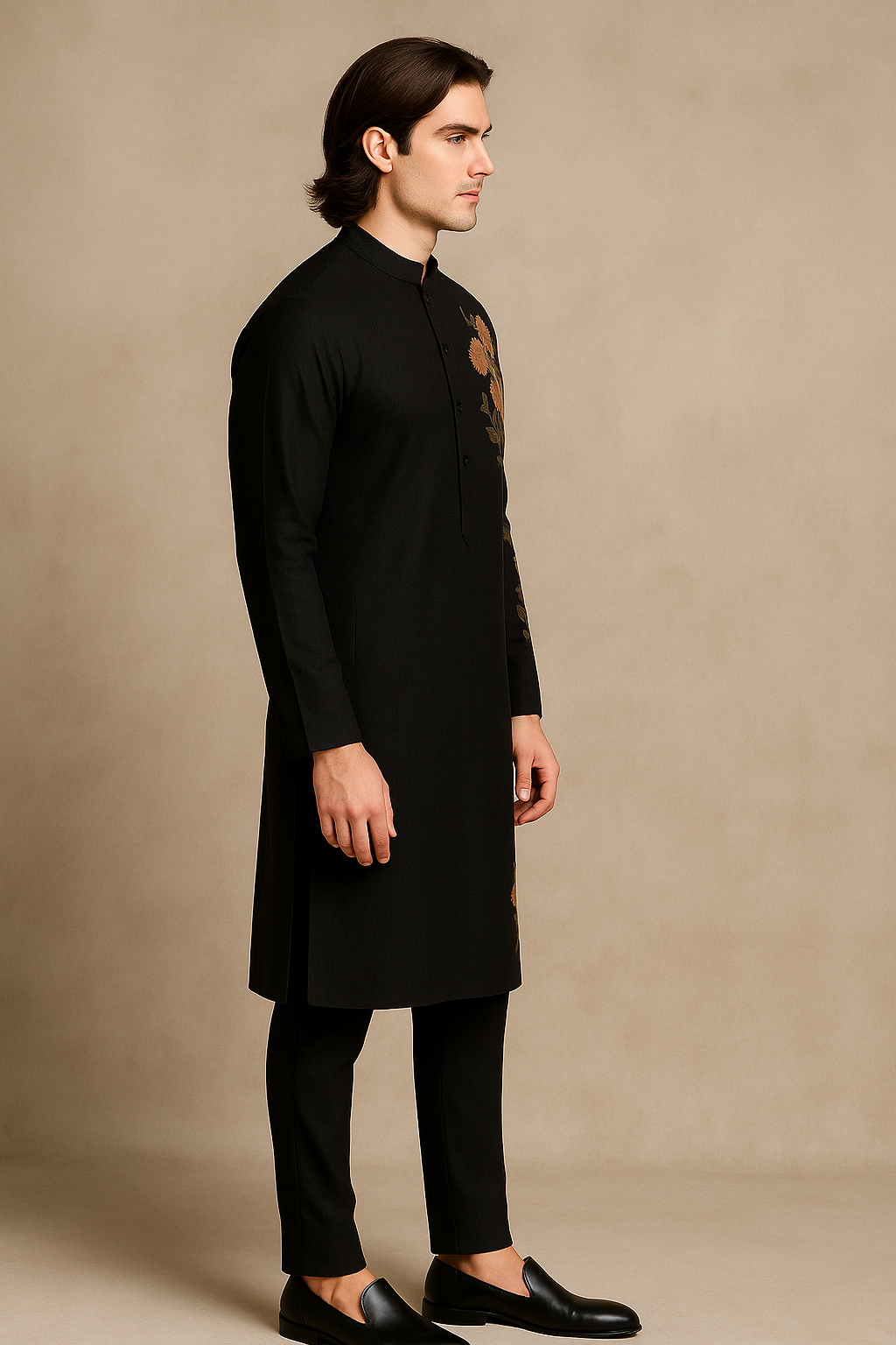 Black Kurta with Handcrafted Floral Embroidery | P&H BY PRIYANSHU