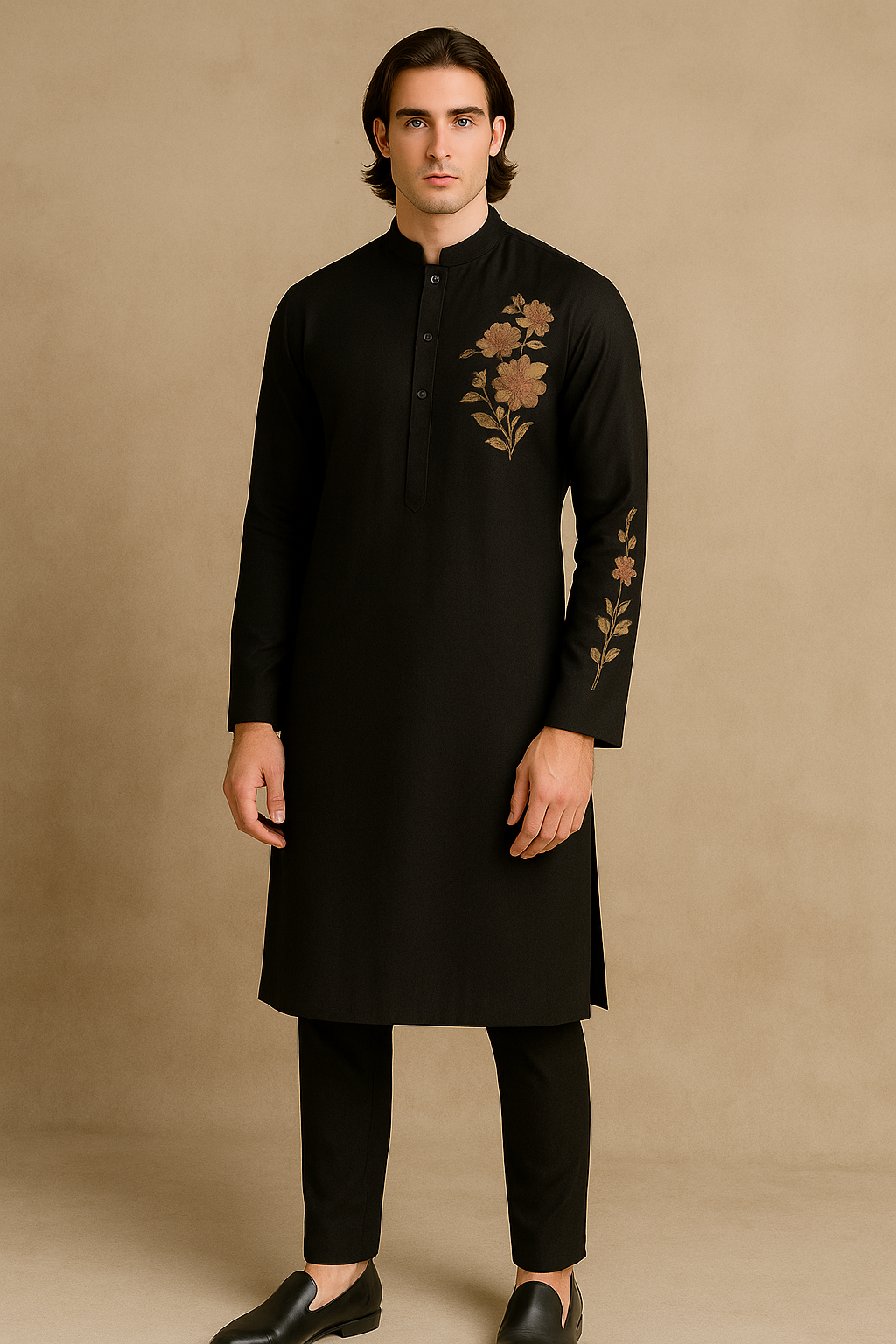 Black Kurta with Handcrafted Floral Embroidery | P&H BY PRIYANSHU