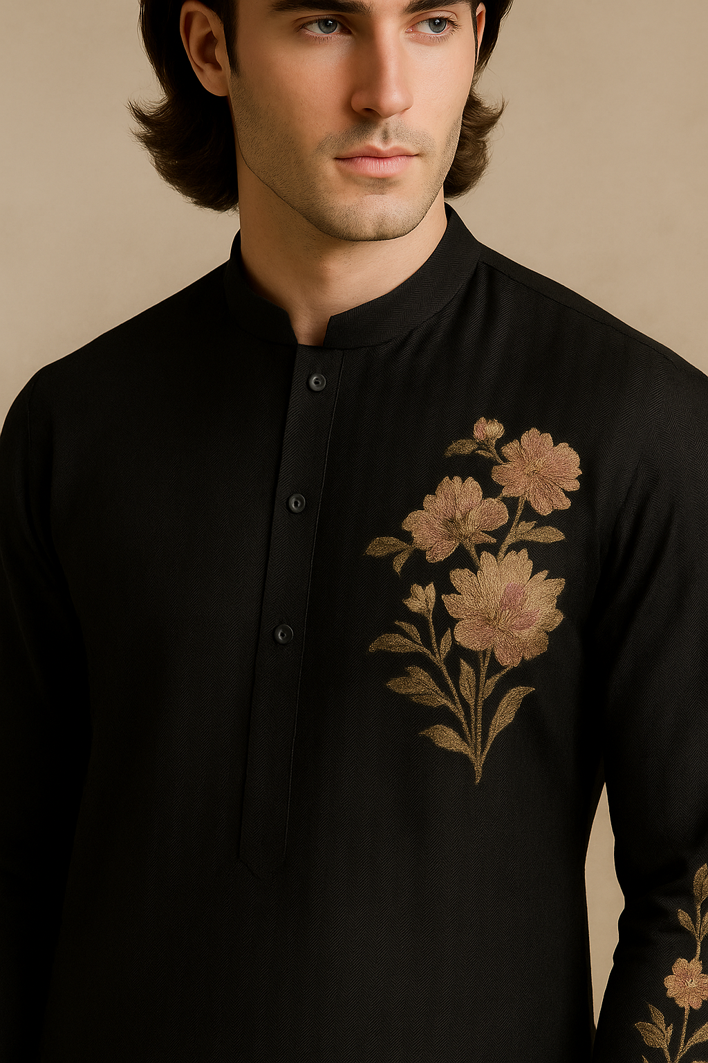 Black Kurta with Handcrafted Floral Embroidery | P&H BY PRIYANSHU