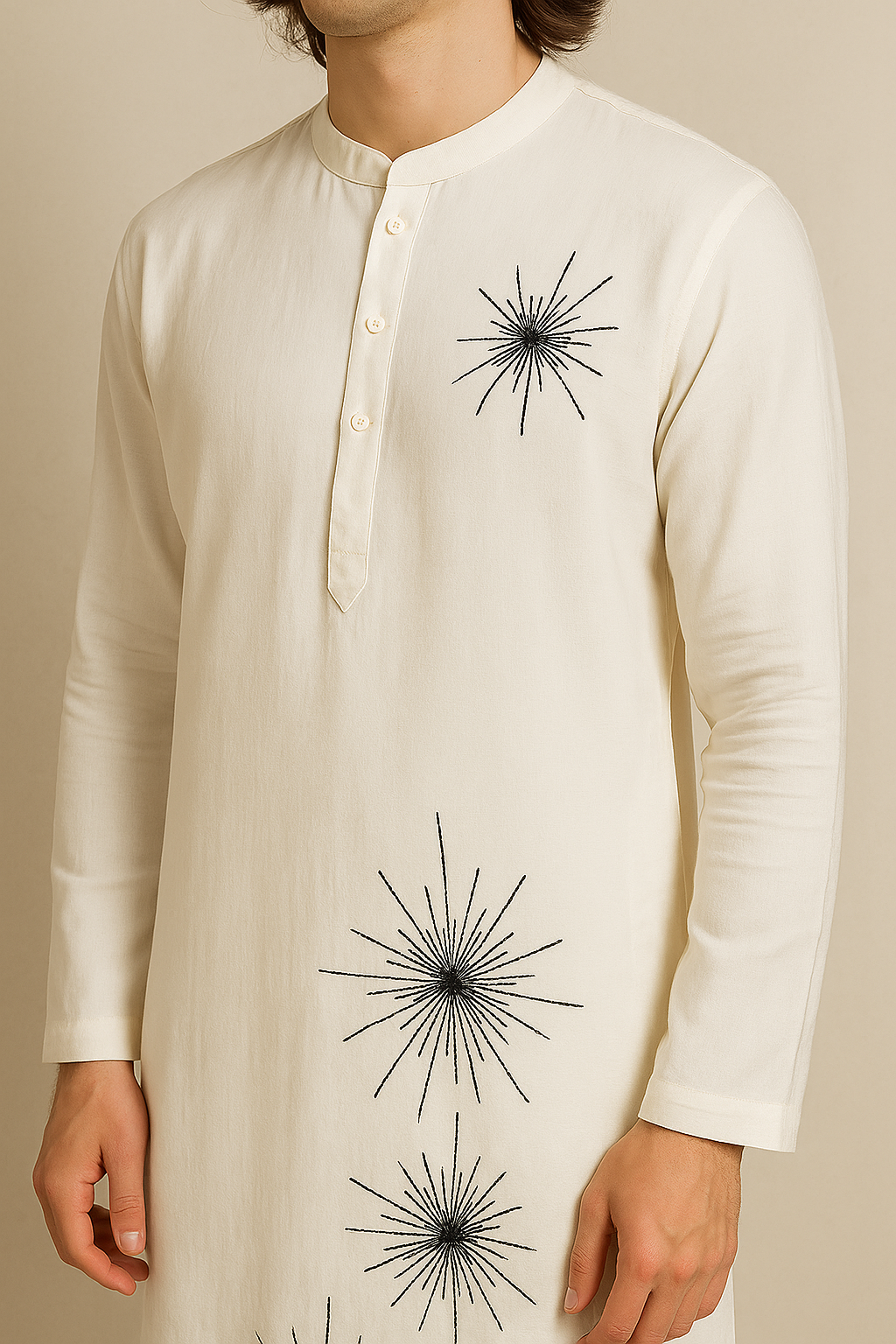 White Kurta with Black Starburst Embroidery | P&H BY PRIYANSHU