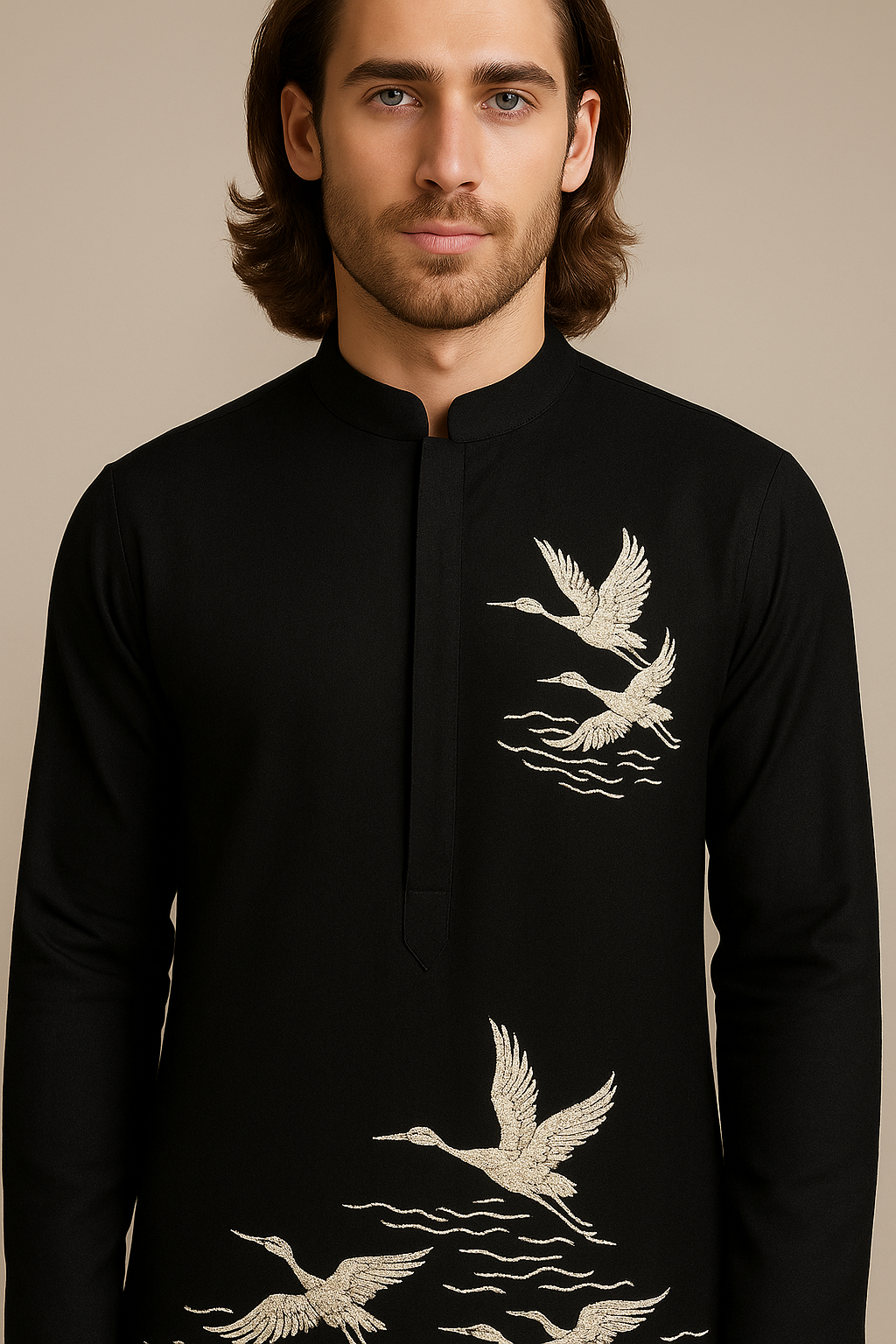 Black Kurta with White Bird Hand Embroidery | P&H BY PRIYANSHU