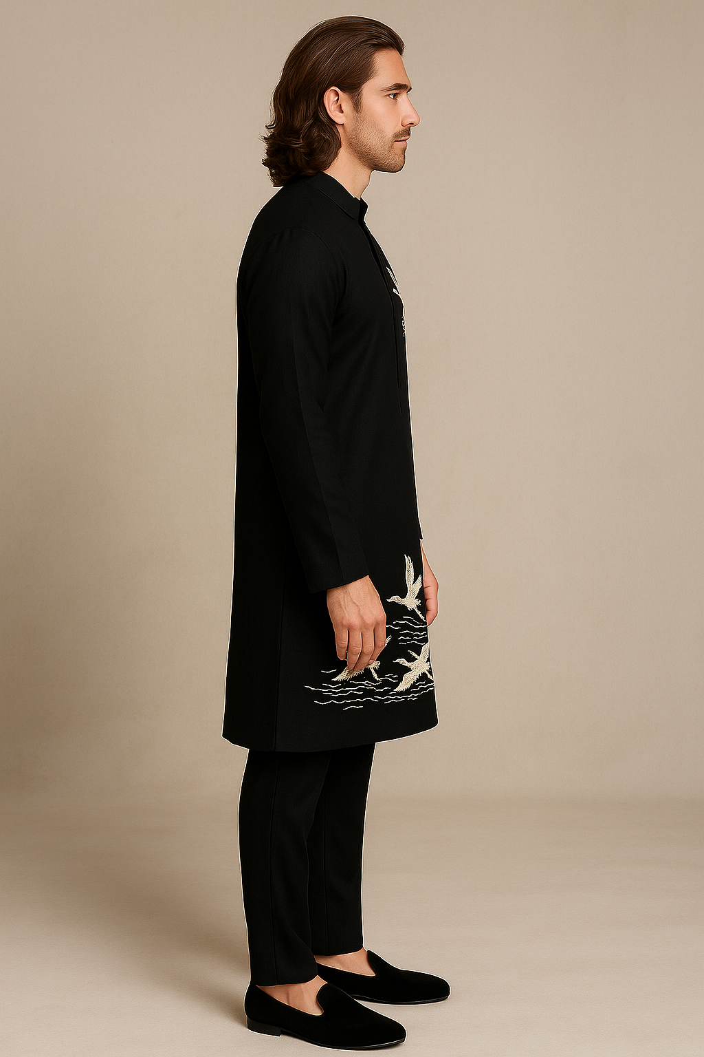 Black Kurta with White Bird Hand Embroidery | P&H BY PRIYANSHU