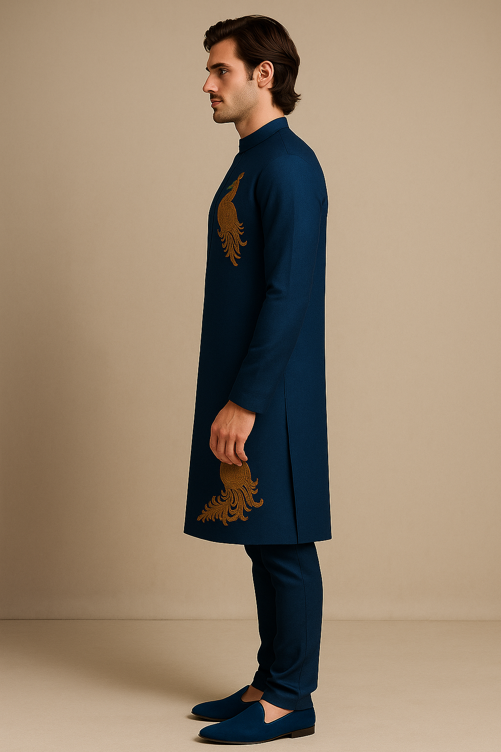 Peacock Blue Kurta with Handcrafted Gold Embroidery | P&H BY PRIYANSHU
