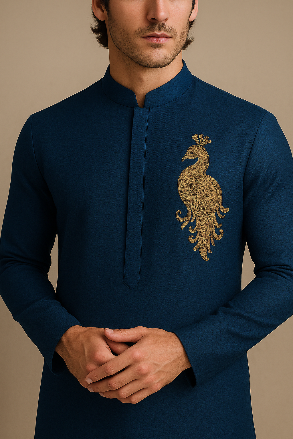 Peacock Blue Kurta with Handcrafted Gold Embroidery | P&H BY PRIYANSHU
