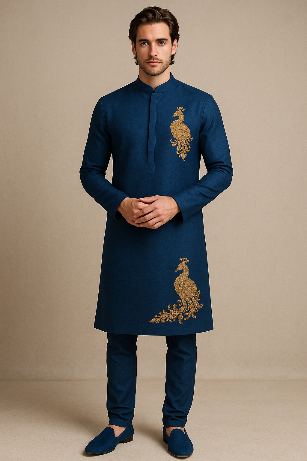 Man wearing a blue kurta with gold embroidery on a beige background