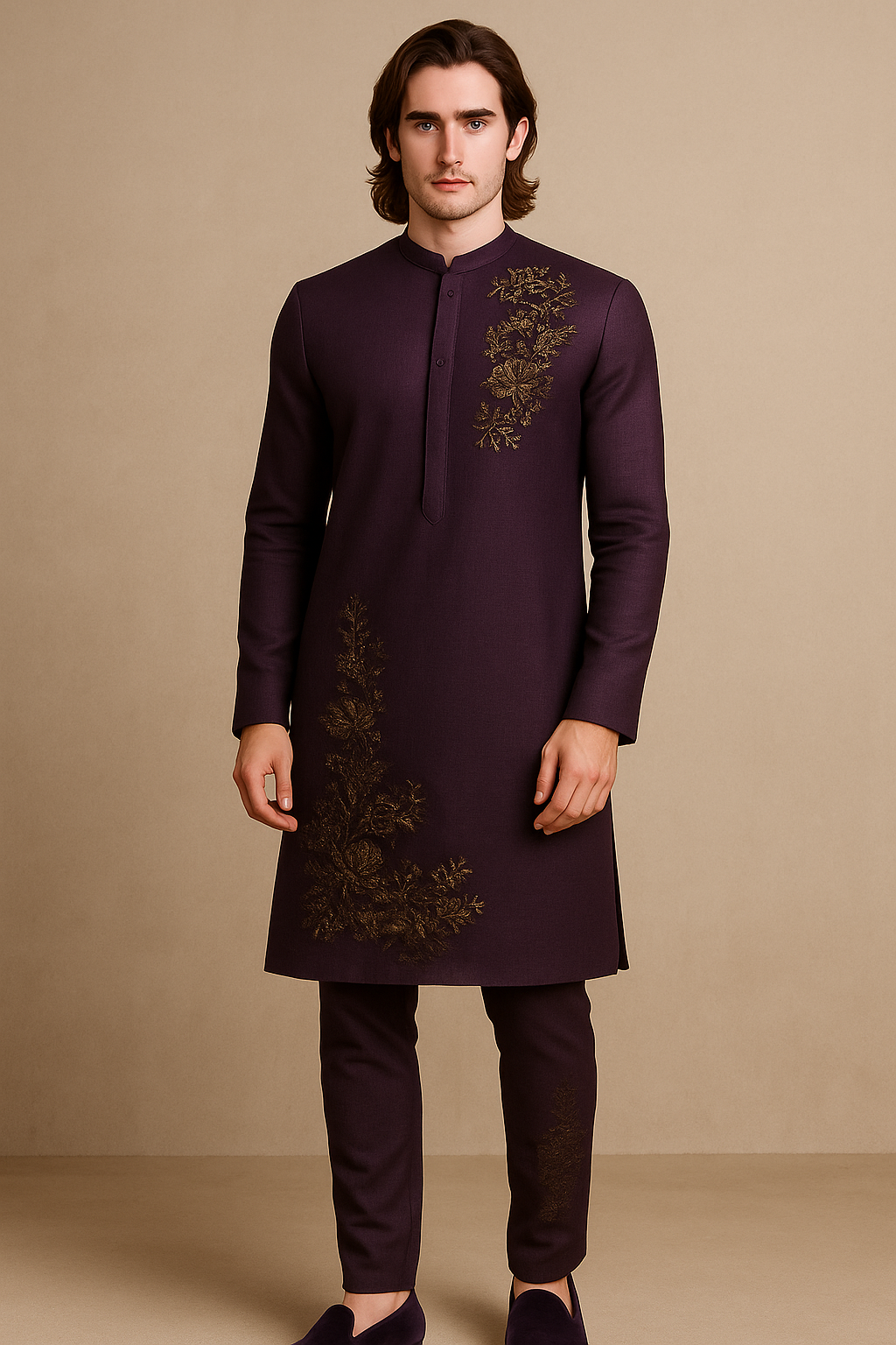 Man wearing a dark purple kurta with intricate embroidery on a beige background