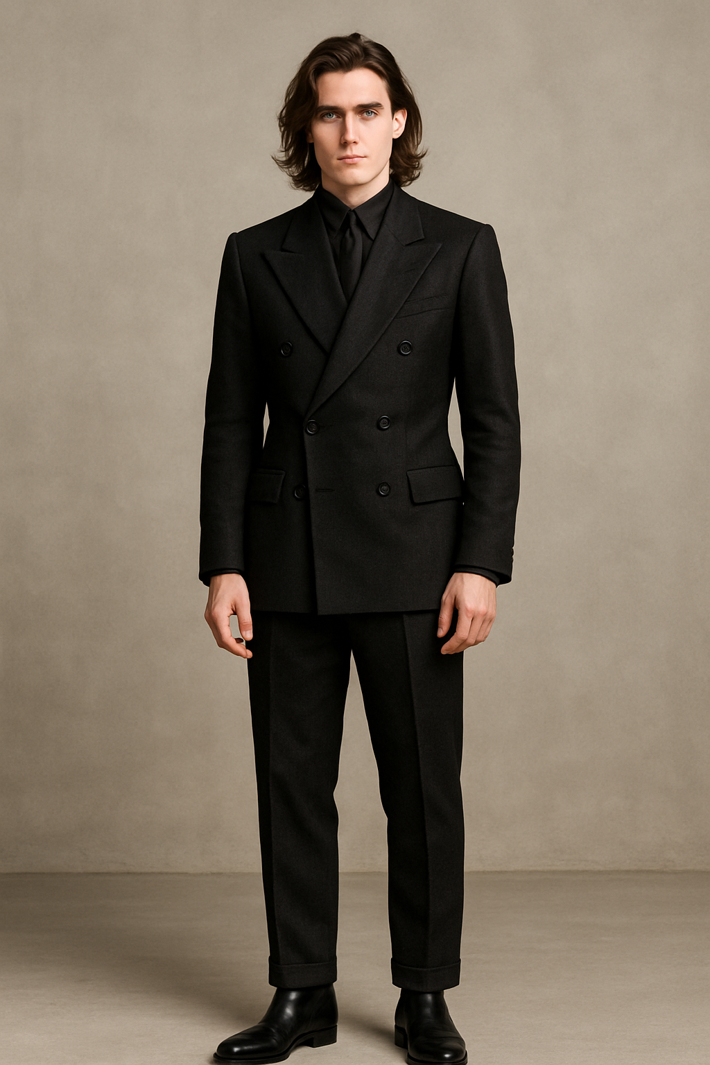 Man wearing a black suit against a plain background